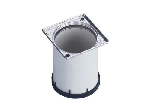 Eckiger, metallischer Aufsatzrahmen von Dallmer mit rundem Innenteil, ideal für die Installation in Badezimmern oder ähnlichen Räumen.