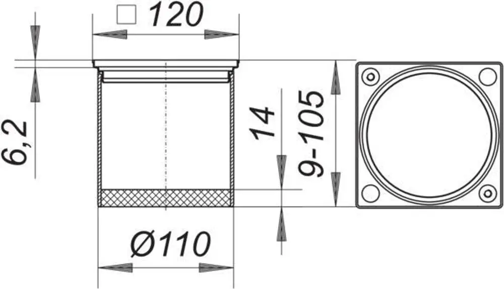 Dallmer Aufsatzrahmen mit quadratischer Form, sichtbare Montagebohrungen, innen hohl mit rundem Querschnitt und Abmessungen im oberen Bereich.