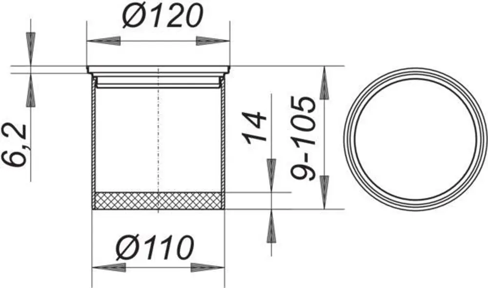 Dallmer Aufsatzrahmen mit zylindrischem Design, Durchmesser 120 mm, sichtbare Maße und Struktur, geeignet für verschiedene Anwendungen.