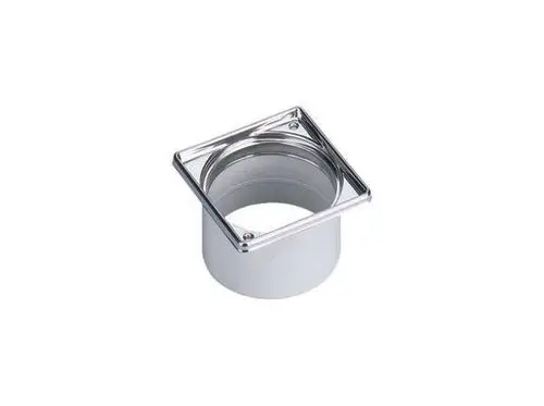 Dallmer Aufsatzrahmen mit quadratischer Abdeckung, montiert auf zylindrischem Unterteil, in metallischer Ausführung. Klar strukturierte Form.