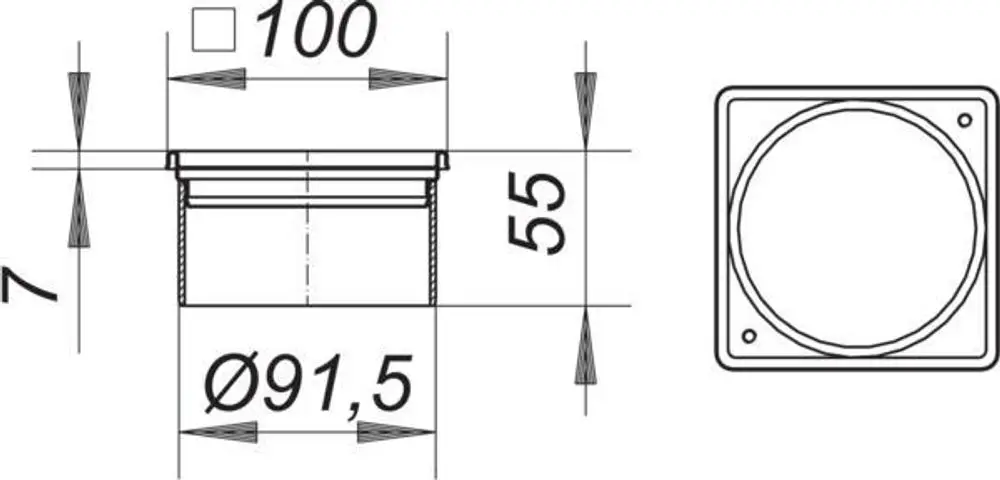 Dallmer Aufsatzrahmen in quadratischer Form mit einem Durchmesser von 91,5 mm und einer Höhe von 7 mm. Anordnung und Maße klar dargestellt.