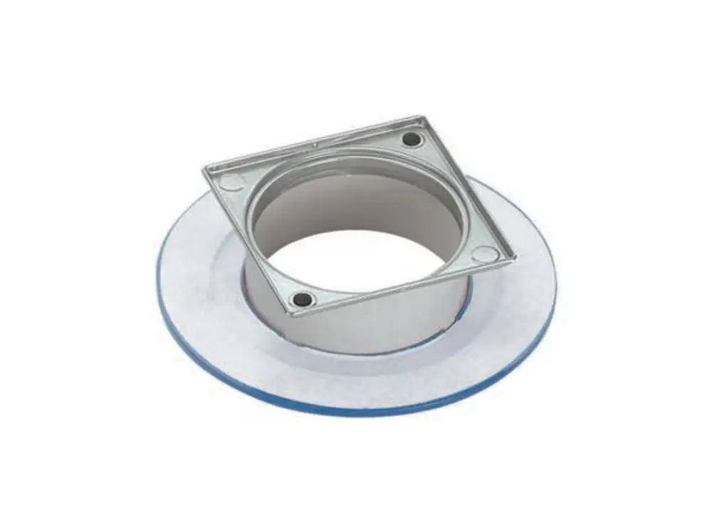 Dallmer Aufsatzrahmen mit quadratischer Öffnung und runder Basis, geeignet für Abflusslösungen. Das Material scheint Metall mit einer glatten Oberfläche zu sein.