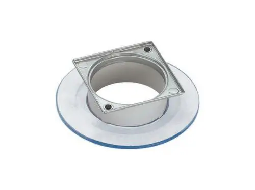 Dallmer Aufsatzrahmen mit quadratischer Öffnung und runder Basis, geeignet für Abflusslösungen. Das Material scheint Metall mit einer glatten Oberfläche zu sein.