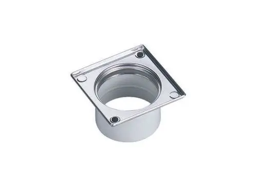 Dallmer Aufsatzrahmen aus Metall mit quadratischer Grundfläche und einem zentralen, runden Ausschnitt zur Befestigung oder als Anschluss für Rohre.
