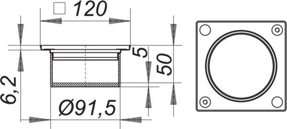 Dallmer Aufsatzrahmen mit quadratischer Grundform, innen mit rundem Ausschnitt, Maße und Details wie Tiefe sowie Durchmesser sind abgebildet.