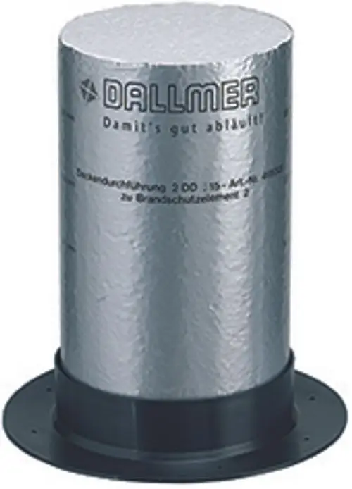 Dallmer Deckendurchführung in zylindrischer Form, silberfarben mit schwarzem Fußteil, zur Installation in Decken. Oberfläche reflektierend und glatt.