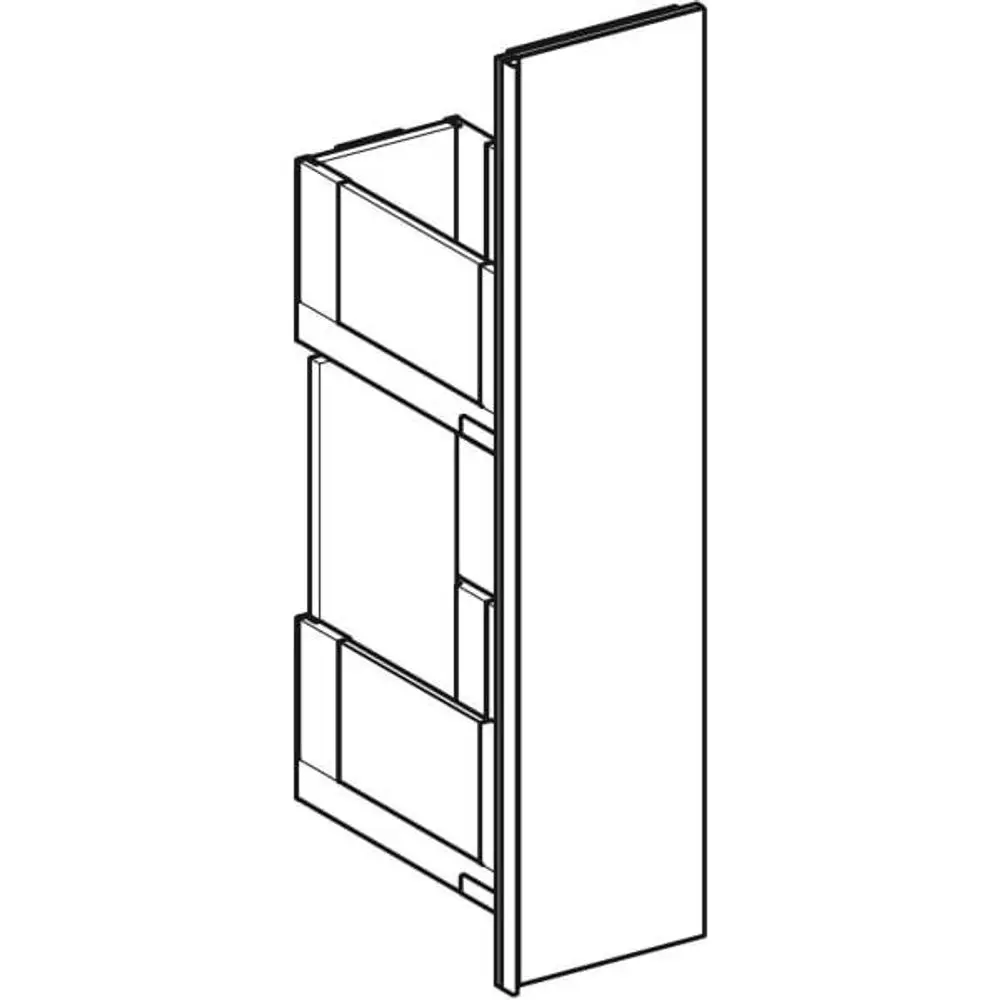 Geberit Auszugssystem für einen Apothekerschrank, dargestellt in einer schematischen Ansicht mit Konstruktionsdetails für die Montage.