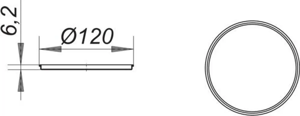 Runder Dallmer-Rahmen mit einem Durchmesser von 120 mm und einer Höhe von 6,2 mm, dargestellt in Seiten- und Draufsicht.