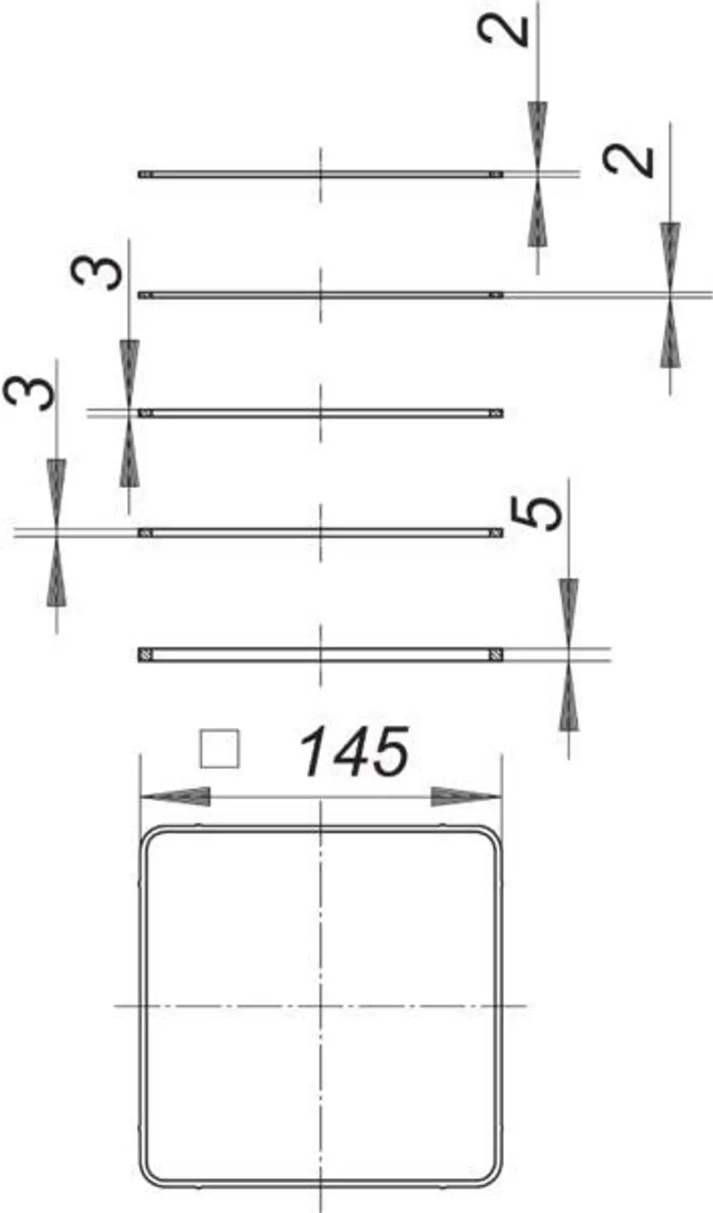 Dallmer Tragrahmen-Set mit mehreren vertikalen Linien und Pfeilen, die auf Befestigungspunkte hinweisen. Rechteckige Form, umrandet, ohne spezifische Maße.