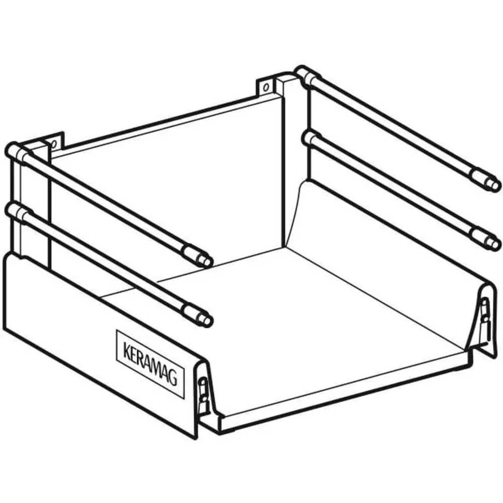 Schublade aus Metall mit seitlichen Halterungen für die Montage in einem Schrank, gekennzeichnet mit der Marke Geberit.