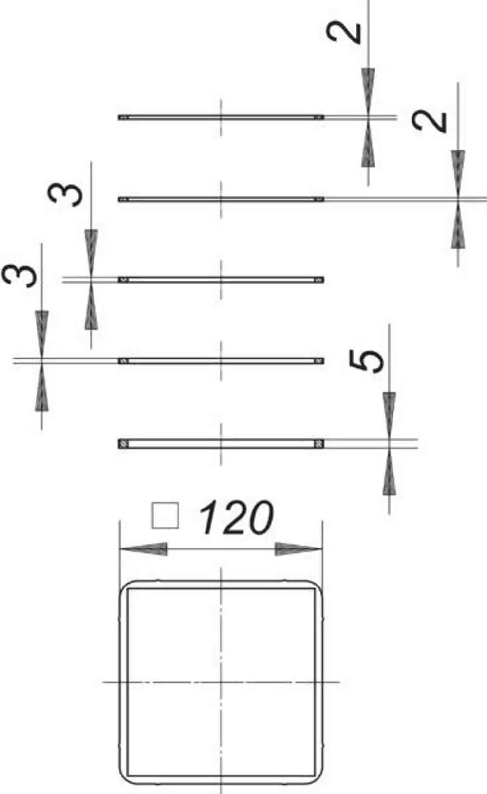 Dallmer Tragrahmen-Set mit quadratischer Form und symmetrisch angeordneten Befestigungspunkten, dargestellt in einer technischen Zeichnung.