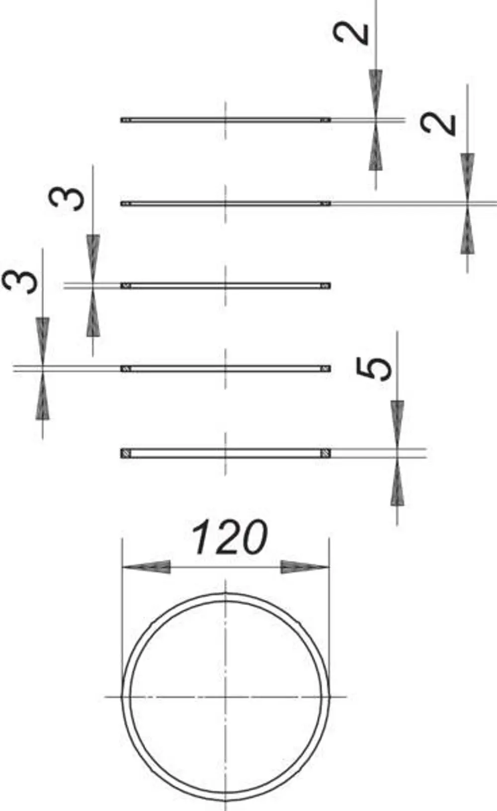 Dallmer Tragrahmen-Set mit mehreren horizontalen Elementen, darunter unterschiedliche Markierungen und Maße, sowie eine runde Grundplatte mit einem Durchmesser von 120 mm.
