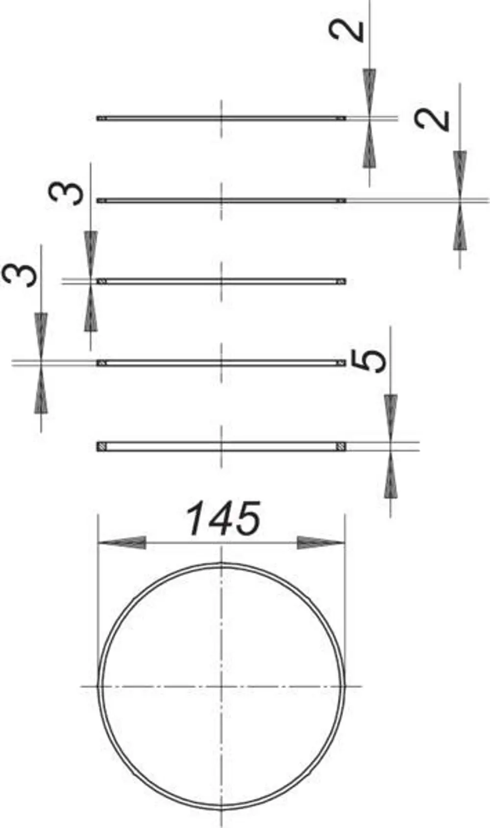 Dallmer Tragrahmen-Set, schematische Darstellung mit verschiedenen Längen und einem Durchmesser von 145 mm, einschließlich Detailansichten der Verbindungsstellen.
