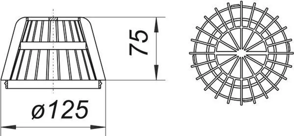 Dallmer Kies-/Laubfangkorb mit konischer Form, seitlich gerillt, und einem Durchmesser von 125 mm sowie einer Höhe von 75 mm, abgebildet in Seiten- und Draufsicht.