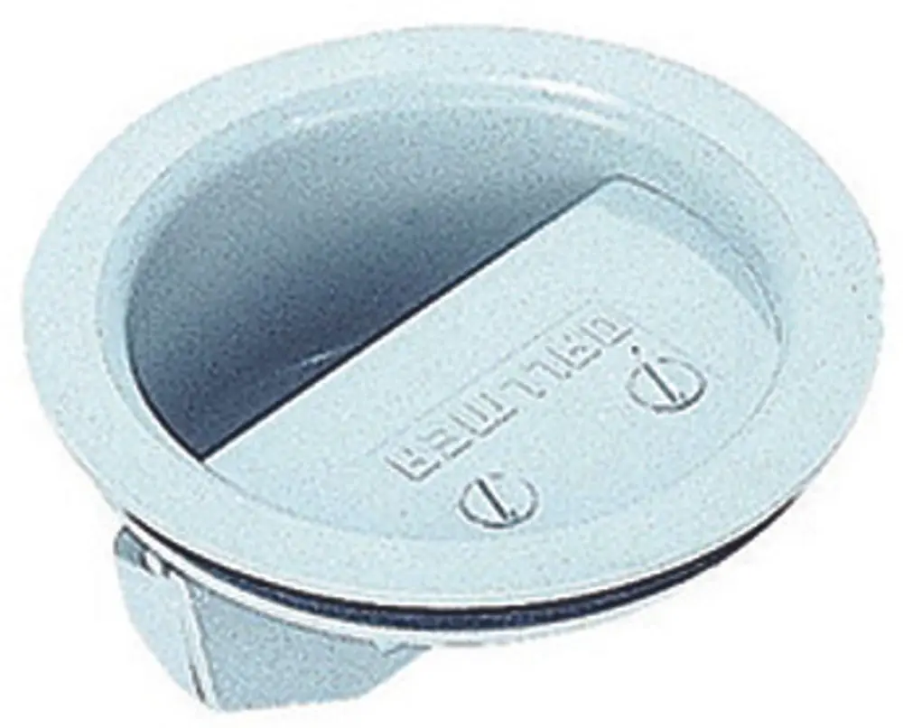 Dallmer-Geruchs- und Schaumsperre in runder Form, aus Kunststoff, mit einem flachen Deckel und einer Halterung zur Montage.