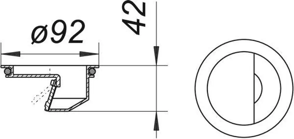 Dallmer-Geruchs- und Schaumsperre, schematische Darstellung in Querschnitts- und Draufsicht. Einbauhöhe von 42 mm und Durchmesser von 92 mm.