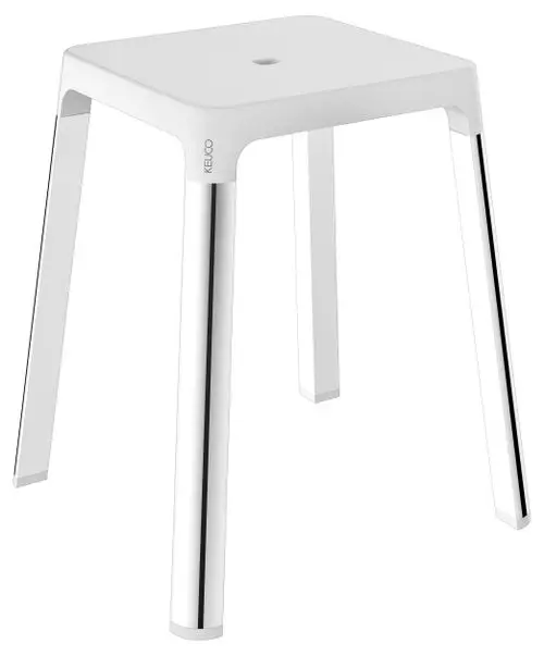 Weißer Hocker mit verchromten Beinen, quadratischer Sitzfläche und minimalistischem Design, hergestellt von Keuco.