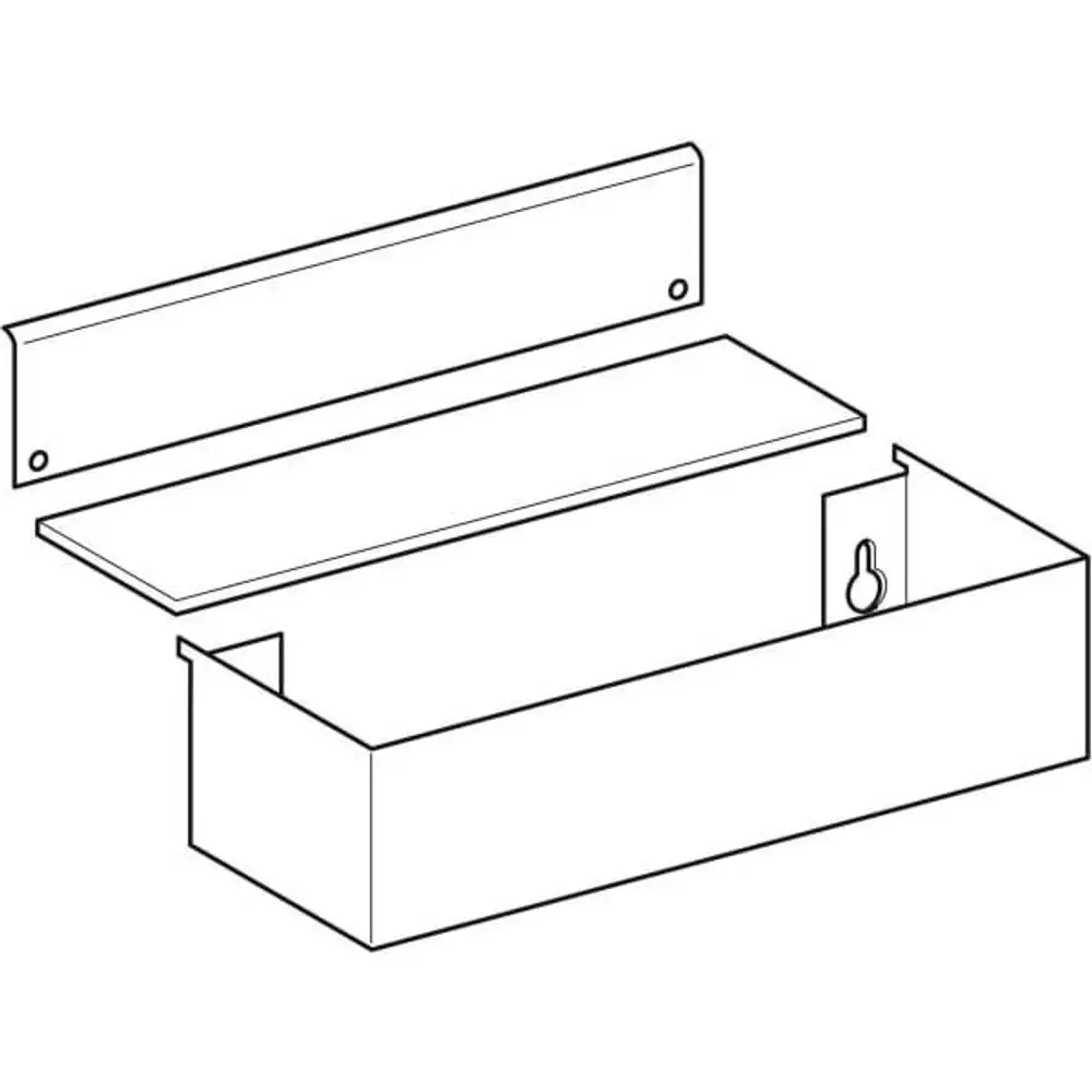 Einlegeboden aus Metall mit Abdeckung und Schließmechanismus, geeignet für Hochschränke von Geberit, in einer schematischen Darstellung ohne spezifische Maße.