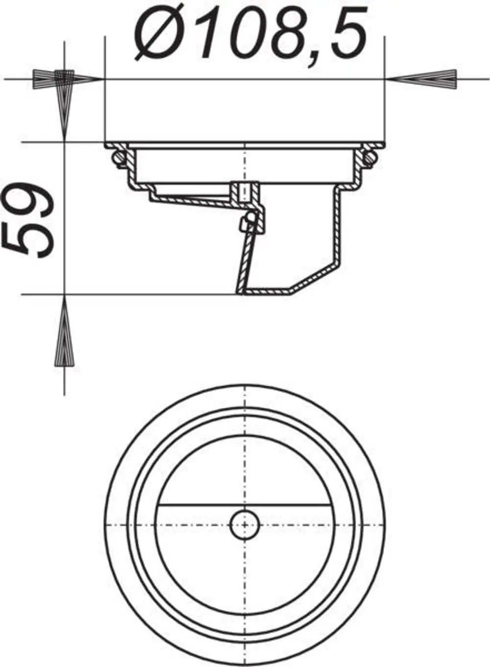 Dallmer Geruchs- und Schaumsperre in schematischer Darstellung, Ansichten von oben und seitlich mit Maßangaben. Detailzeichnung zeigt Ausführung und Befestigungselemente.