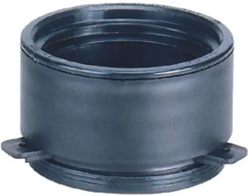 Schwarze Einsteckmuffe von Dallmer mit Gewinde. Die Muffe hat eine glatte Oberfläche und zwei seitliche Halterungen. Ideal zur Verbindung von Rohren.