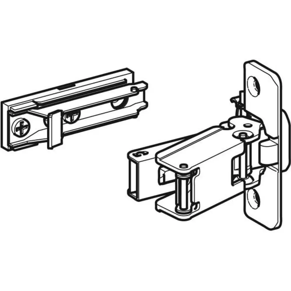 Scharnier von Geberit für einen Spiegelschrank, bestehend aus beweglichem Arm und Halterung. Das Bild zeigt die beiden Teile in einer technischen Darstellung.