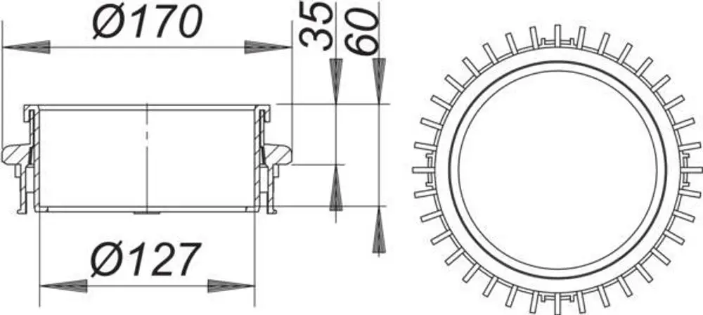 Dallmer Einlaufelement mit runder Form, Durchmesser 170 mm, seitliche Öffnungen und strukturierte Oberfläche, abgebildet in zwei Ansichten: seitlich und oben.