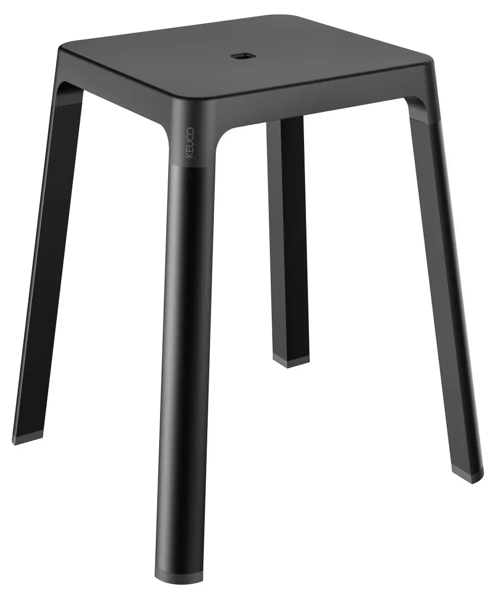 Schwarzer Hocker aus mattem Material von Keuco mit quadratischer Sitzfläche und vier stabilen Beinen, ideal für den Einsatz im Badezimmer.