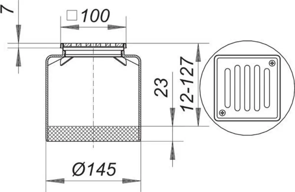 Dallmer Aufsatz, quadratische Abdeckung mit Rillenmuster, verschraubter Rost, sichtbare Maße und Anschlussdetails, zur Verwendung in Entwässerungssystemen.