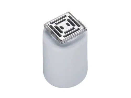 Dallmer Aufsatz in zylindrischer Form mit quadratischer Metalloberfläche, zur Montage geeignet, mit Lüftungsschlitzen für Ergänzungen im Sanitärbereich.