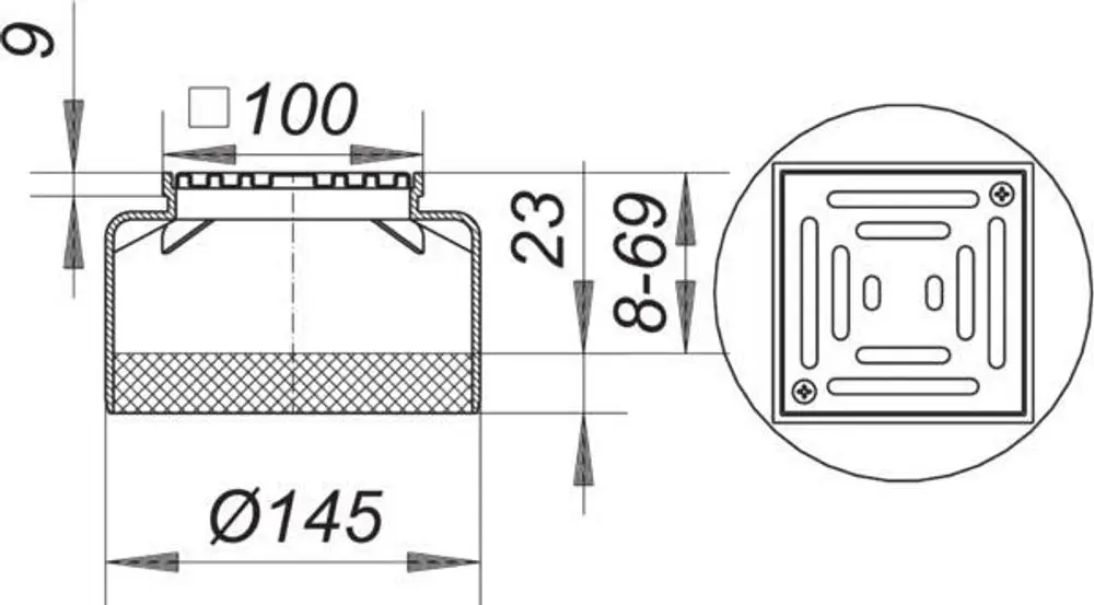 Dallmer Aufsatz mit quadratischem Design, sichtbar verschraubt, mit runden und rechteckigen Vertiefungen, geeignet für Abflüsse, in einem technischen Diagramm dargestellt.