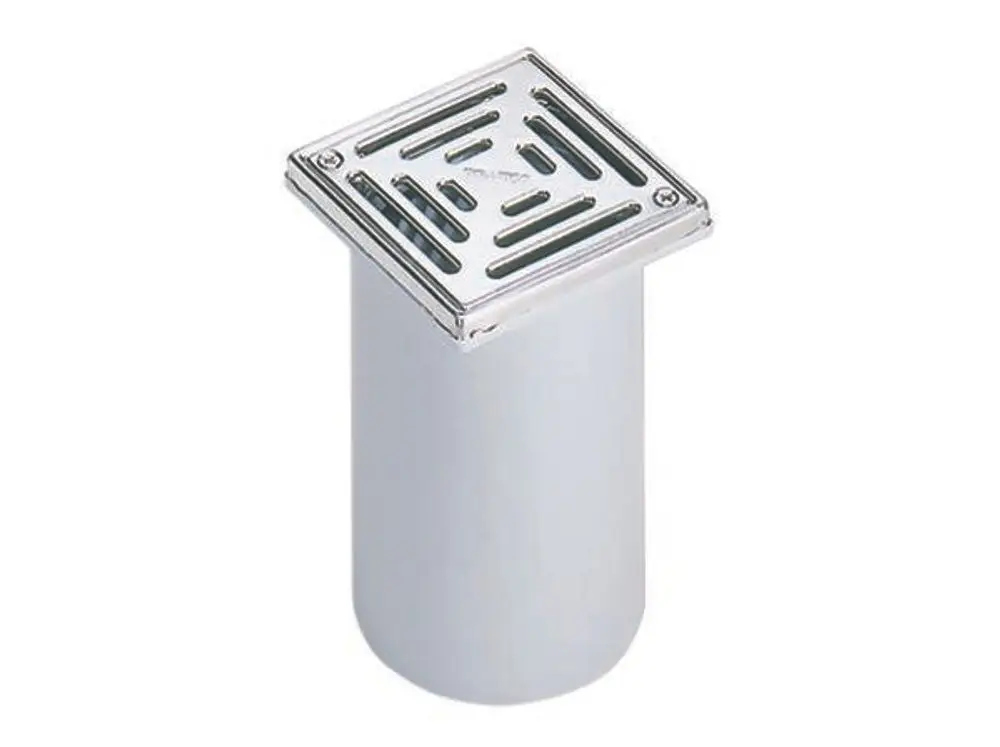 Dallmer Edelstahl-Gitteraufsatz mit quadratischer Form und Schlitzausschnitten zur Wasserabfuhr, montierbar auf einem Rohr oder Abfluss.