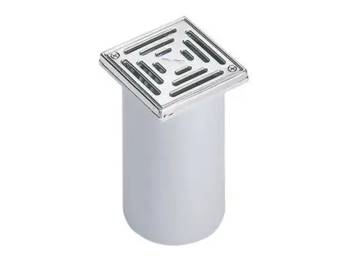 Dallmer Edelstahl-Gitteraufsatz mit quadratischer Form und Schlitzausschnitten zur Wasserabfuhr, montierbar auf einem Rohr oder Abfluss.