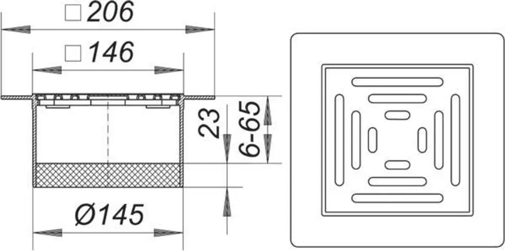 Dallmer Produktansicht: Rechteckiger Ablauf mit quadratischer Abdeckung, dargestellt von oben und im Querschnitt, mit Maßen und Details zur Montage.