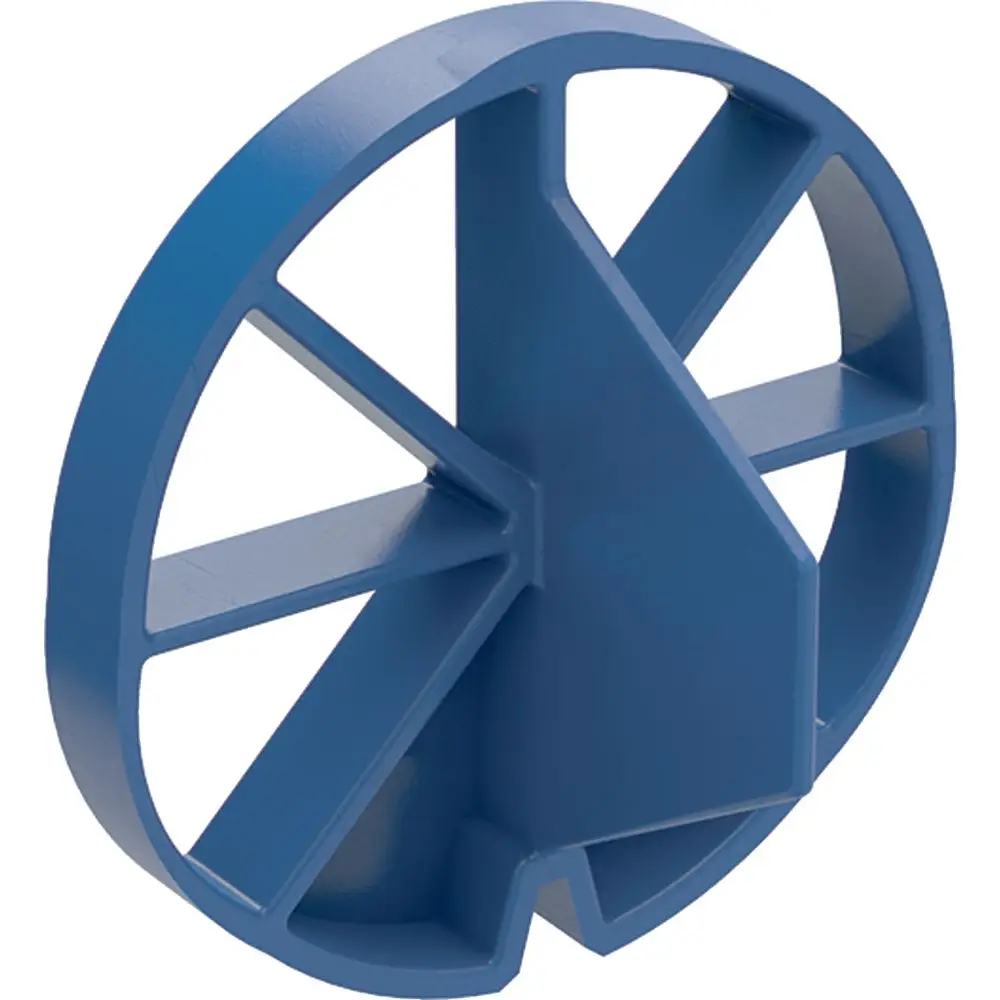 Blauer Drossel für Spülbogen von Geberit, mit einem runden Design und mehreren inneren Stützelementen, zur Regulierung des Wasserflusses in Sanitäranlagen.