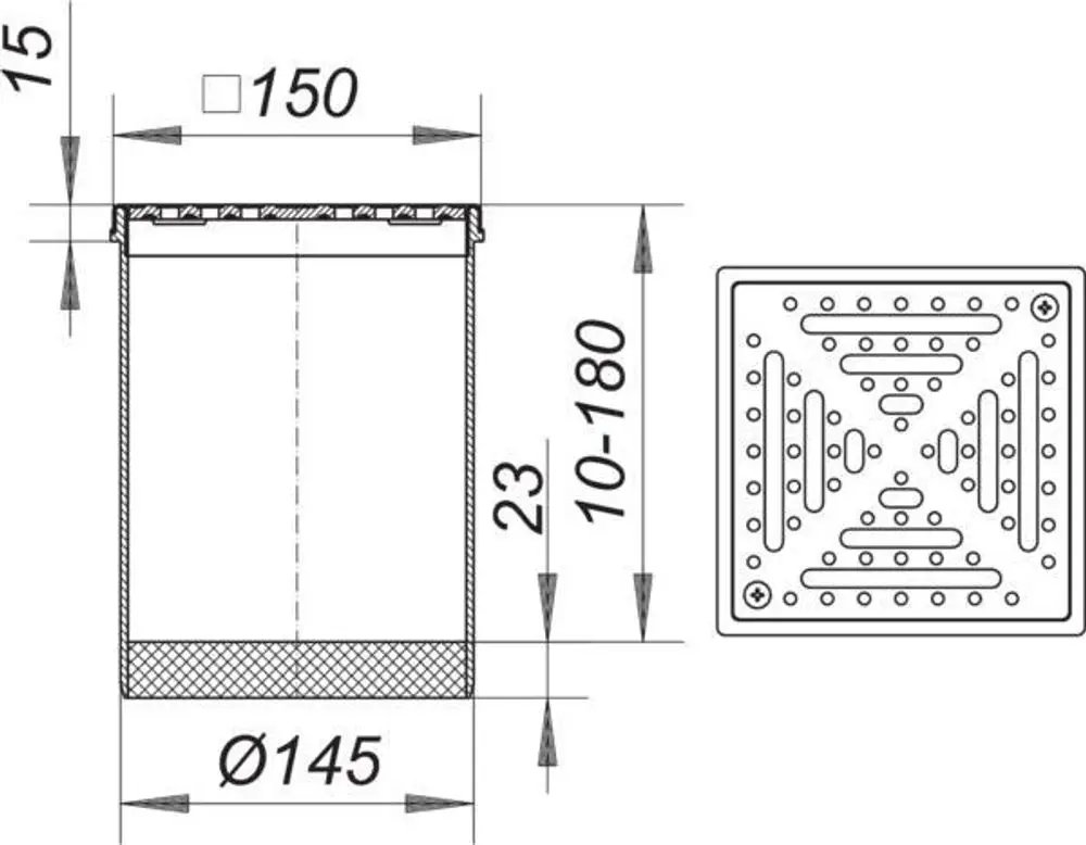 Rost von Dallmer, quadratisch, mit strukturiertem Oberflächenmuster und Löchern für Wasserabfluss, Abmessungen 150 x 150 mm, geeignet für Bodeninstallation.