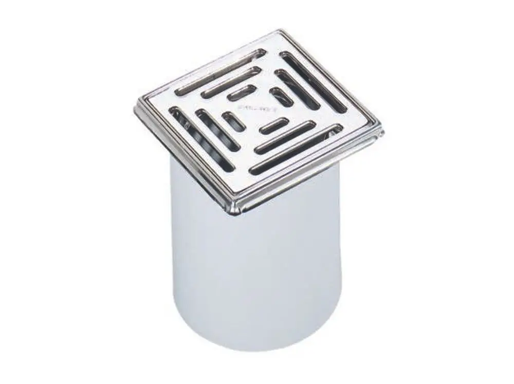 Dallmer Abflussdeckel mit quadratischem Gitterdesign in Edelstahloptik, montiert auf einem runden Gehäuse. Ideal für Entwässerungslösungen in modernen Badezimmern.