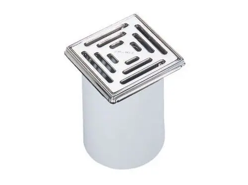Dallmer Abflussdeckel mit quadratischem Gitterdesign in Edelstahloptik, montiert auf einem runden Gehäuse. Ideal für Entwässerungslösungen in modernen Badezimmern.