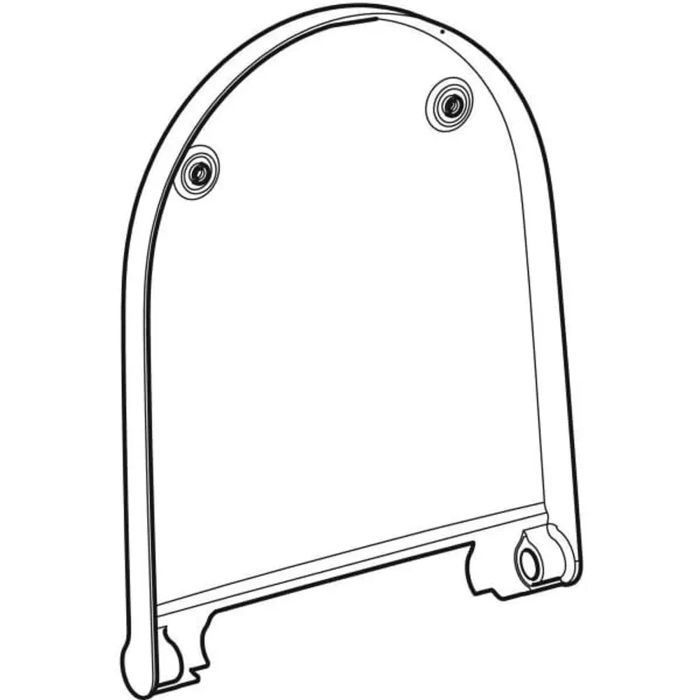 Weißer WC-Deckel von Geberit, mit leicht gebogener Oberseite und zwei Befestigungslöchern an der oberen Kante. Vorderseite glatt und ohne zusätzliche Verzierungen.