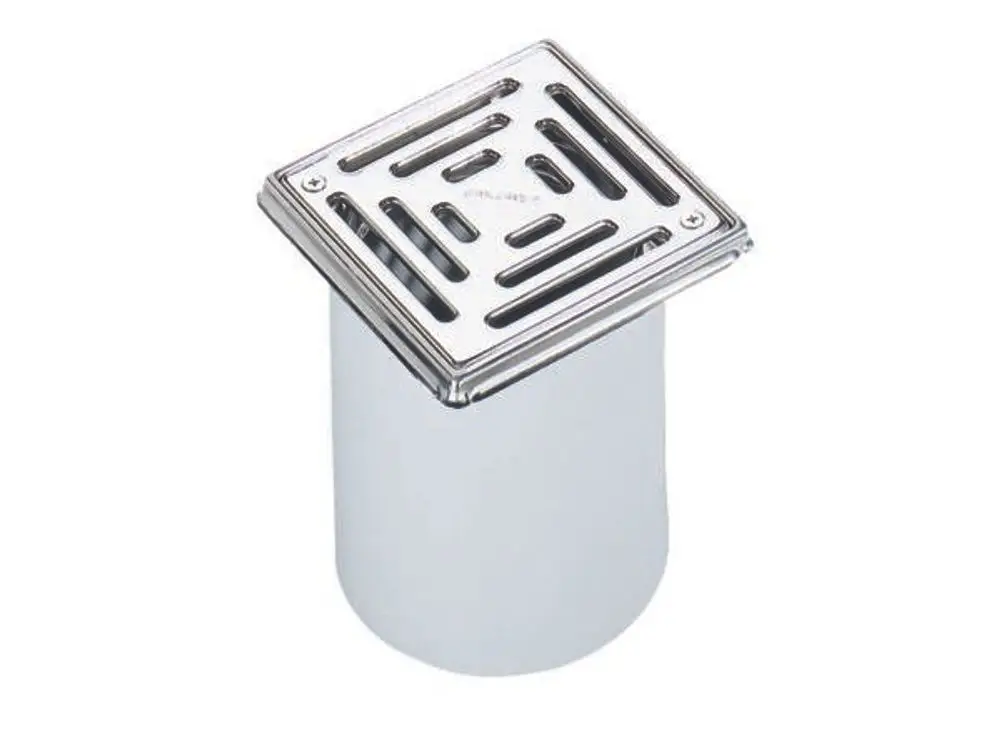 Edelstahl-Rost mit quadratischer Abdeckung, Dallmer-Produkt, zum Einbau in Ablaufsysteme. Anordnung der Roste mit Öffnungen zur Wasserdurchleitung.