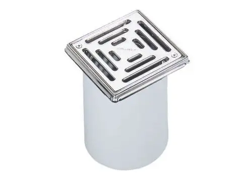 Edelstahl-Rost mit quadratischer Abdeckung, Dallmer-Produkt, zum Einbau in Ablaufsysteme. Anordnung der Roste mit Öffnungen zur Wasserdurchleitung.