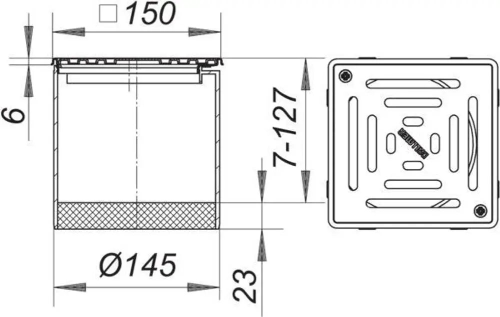Dallmer Aufsatz mit quadratischer Grundfläche und seitlichen Verstärkungen, in der Ansicht von vorne und oben, mit klaren Maßangaben und einem Rosteinsatz.