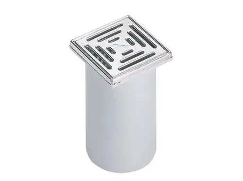 Dallmer Abflussaufsatz mit quadratischem Gitter in glänzendem Metall, eingebaut in einen weißen zylindrischen Korpus.