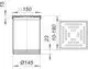 Schematik eines Dallmer Produkts mit einer quadratischen Abdeckung und einem zylindrischen Körper. Maße und Details sind in der technischen Zeichnung angegeben.