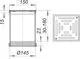 Dallmer Aufsatz mit quadratischem Flächenmaß, sichtbarem Rost und Details zur Montagehöhe sowie einem Durchmesser für das untere Teil.