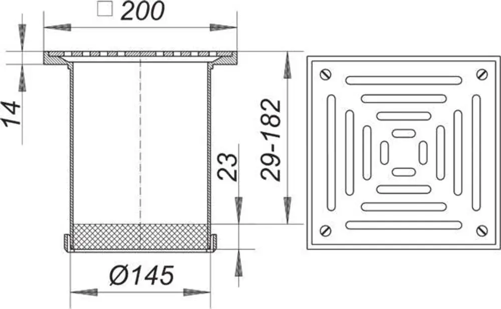 Dallmer Aufsatz mit quadratischer Platte und Durchmesser 145 mm, rotierbarem Rost und sichtbaren Maßangaben für Installation, geeignet für Terrassenentwässerung.
