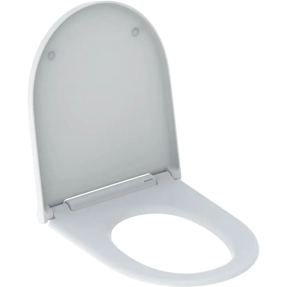 Weißer WC-Sitz mit abgerundeter Rückseite und einfach strukturiertem Design. Geberit-Logo an der Verbindung sichtbar.