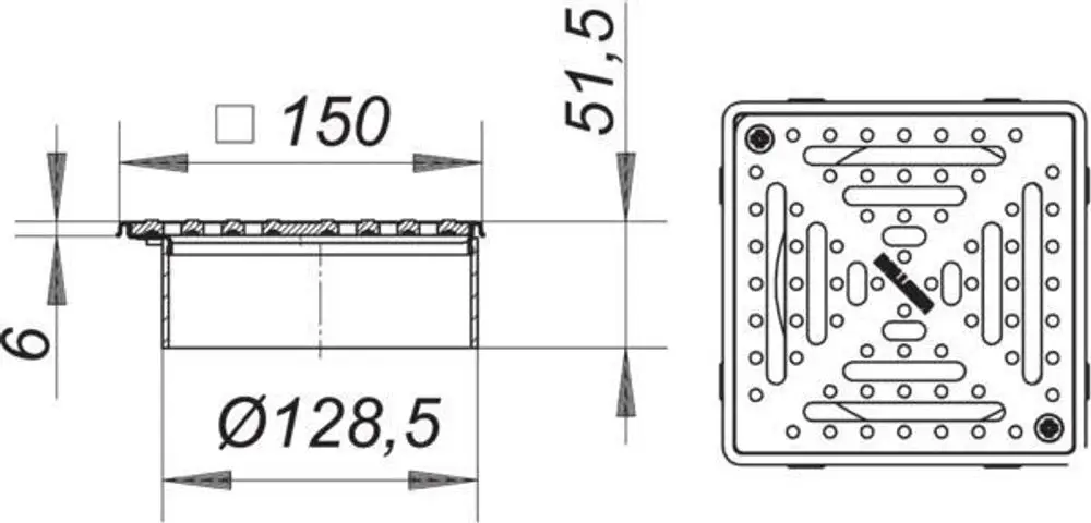 Dallmer Produkt mit quadratischem Design und Löchern für Rutschfestigkeit. Abmessungen scheinen 150 x 150 mm zu sein. Sichtbar ist eine Oberfläche mit strukturierten Bereichen.