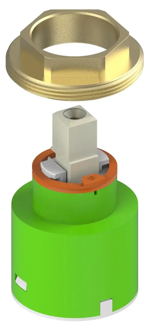 Grüne Mischwasserkartusche von Keuco, bestehend aus einem unteren Zylinder mit orangenem Dichtungselement und einem oberen Metallring.