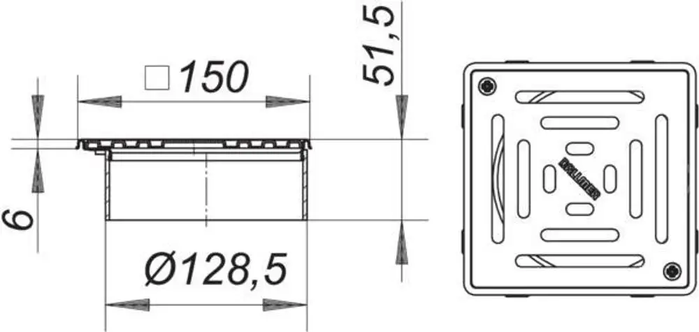 Dallmer Produkt mit quadratischem Design, visuelle Darstellung der Maße und punktuellen Einlassöffnungen. Zeigt Seitenverstellbarkeit und Rostschutz.