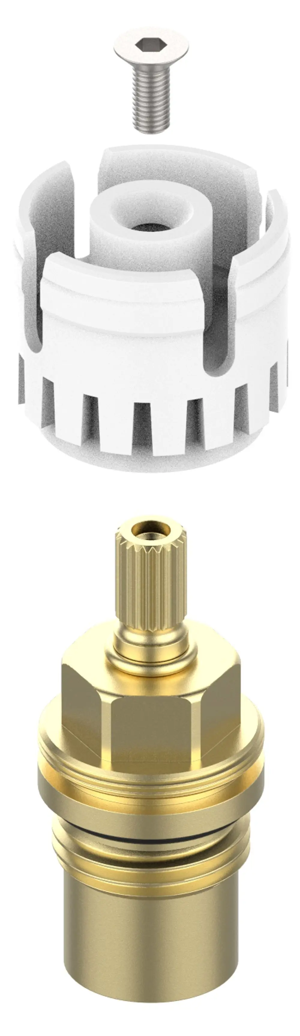 Bauteile von Keuco für Armaturen, einschließlich einer weißen Aufnahme und einem goldenen Funktionsblock. Der obere Teil ist mit einer sechskantigen Schraube befestigt.